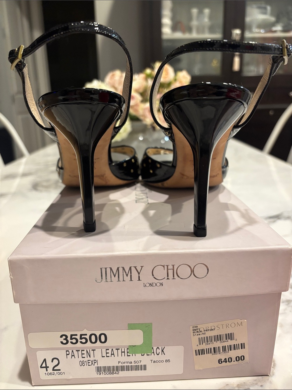 Authentic Jimmy Choo Black Patent Leather Studded Open-Toe Heels - Picture 2 of 6